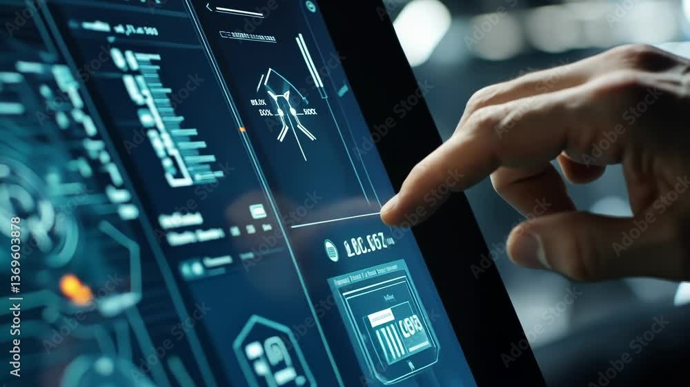 Poster close up view of a government agent touching a futuristic screen while working late at night in a hi