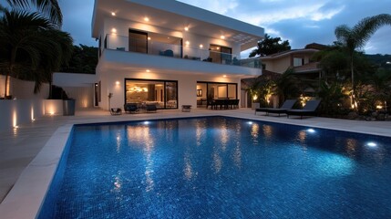 Fototapeta premium Modern villa with pool at twilight. Luxurious exterior featuring a sparkling blue pool, illuminated by lights, reflecting the modern architecture of the home