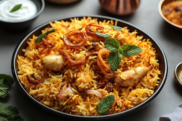 A hearty serving of chicken biryani with fragrant rice, juicy chicken, and crispy fried onions, garnished with a side of yogurt and mint leaves