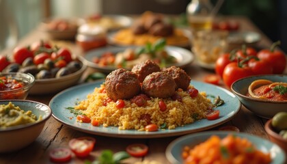 Fototapeta premium Delicious Mediterranean Feast: Meatballs, Rice, Tomatoes, and Olives on a Rustic Wooden Table