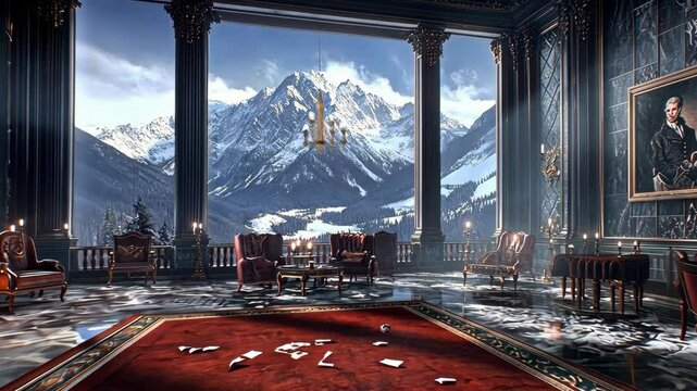 Elegant Indoor Lounge with Majestic Mountain View and Luxurious Furnishings