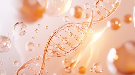 A futuristic visualization of a DNA helix surrounded by glowing molecules, symbolizing beauty, skincare innovation, and scientific research in cosmetics and anti-aging. Generative AI.