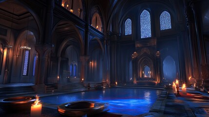 Obraz premium Nighttime Gothic Pool Hall Interior, Candles, Relaxing