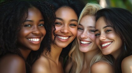 Fototapeta premium Diverse Women Smiling and Embracing Together in Nature