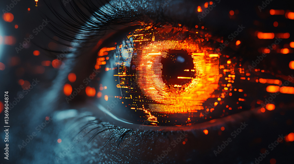 Poster a futuristic and abstract representation of an eye with digital scanning patterns and light effects,