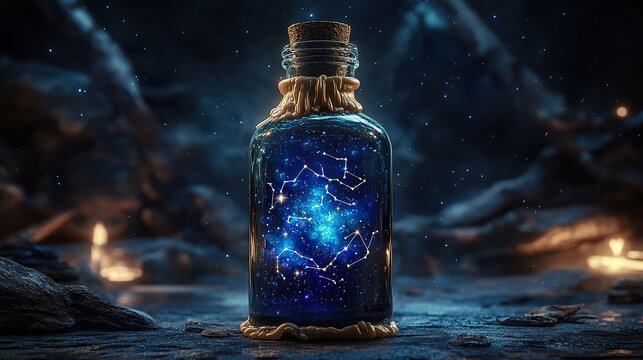 A mystical bottle sealed with wax, containing a shifting dark-blue elixir with cosmic constellations inside.