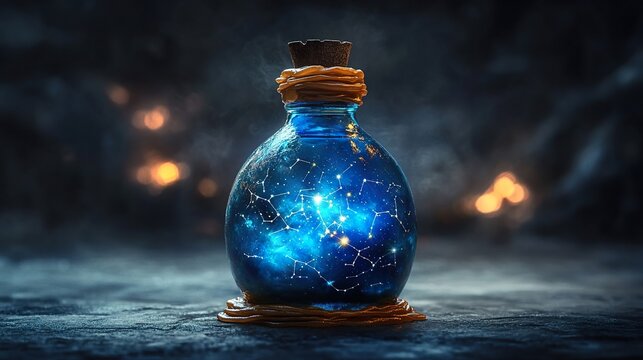 A mystical bottle sealed with wax, containing a shifting dark-blue elixir with cosmic constellations inside.