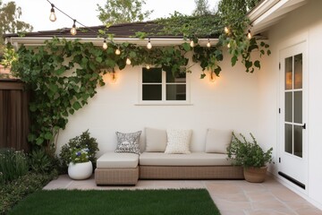 Fototapeta premium A white house with a patio area with a white wall and a green vine growing on it. The patio has a white bench with pillows and a potted plant. The lights are on, creating a warm
