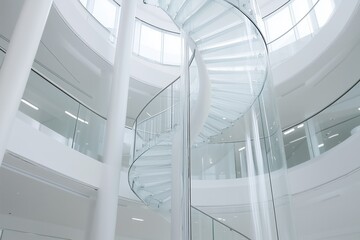 Fototapeta premium A spiral staircase in a glass building. The staircase is made of glass and is located in the middle of the building