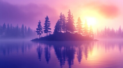 Fototapeta premium Misty Sunrise Over Island Forest Reflection