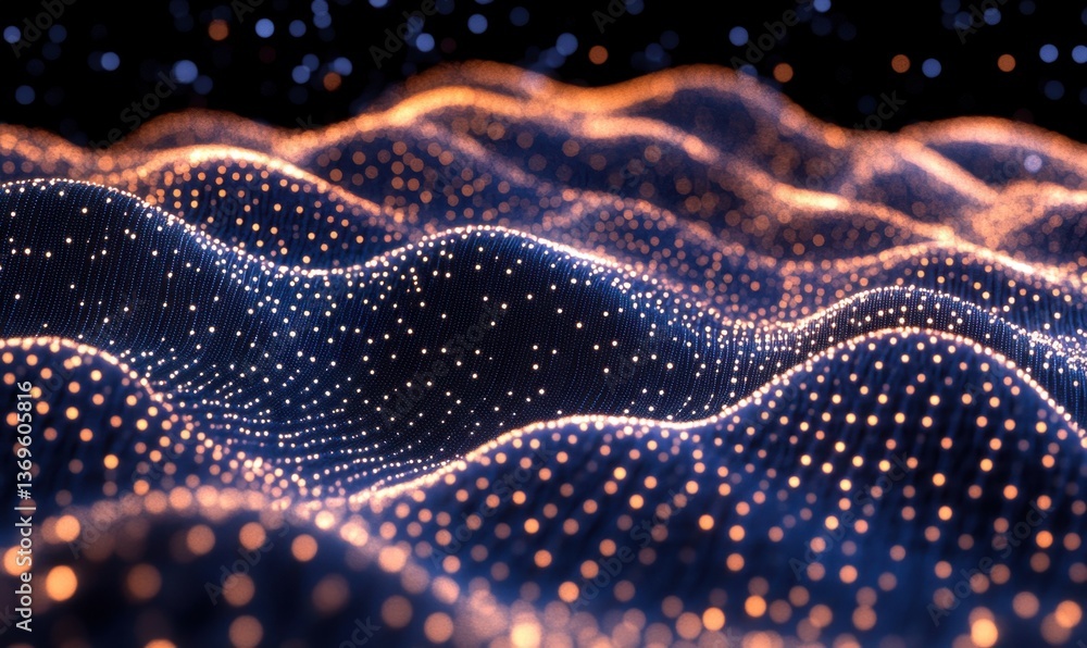 Poster abstract glowing particle waves on dark background for digital art