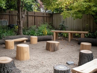 A backyard with a wooden bench and a log bench. The bench is surrounded by logs and has a circular shape