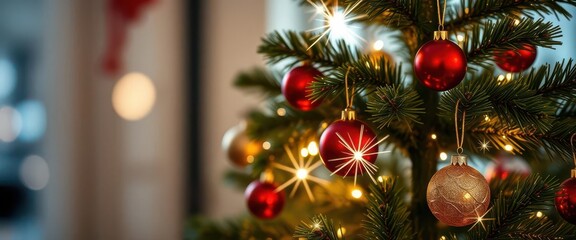 Sparkling Christmas tree with ornaments, twinkling lights against blurred bokeh background, celebration, design