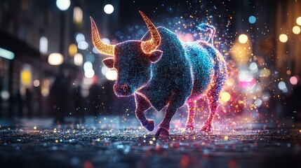 Abstract data symbols blending into the horns of a glowing bull, copy space, focus on creativity in trading, whimsical, double exposure, backdrop of a vibrant urban environment
