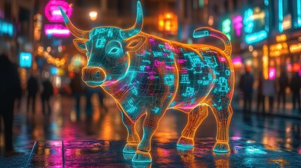 Holographic green and orange stock symbols framing a glowing bull statue, selective focus, focus on innovative finance, vibrant, composite, backdrop of a neonlit trading hub