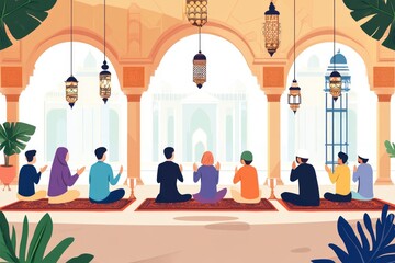 Fototapeta premium Illustration people praying on Ramadhan
