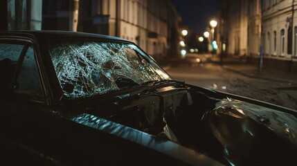Damaged car with shattered windshield and scratched paint parked on a quiet street, depicting vehicle accident aftermath and insurance claim scenarios.