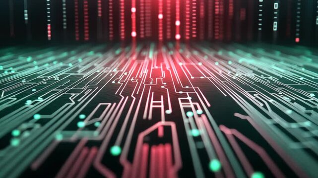 Futuristic Digital Circuit Landscape Glowing Red and Green Binary Code Patterns Enhance High Tech Innovation and Technology Atmosphere