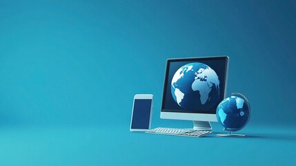 World Backup Day banner design with globe, computer monitor, mobile phone and hard disk drive icons for data backup protection or cloud storage concept on a blue background. Vector illustration style,