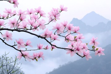 Obraz premium Magnolia flowers blooming on tree branch with mountain background