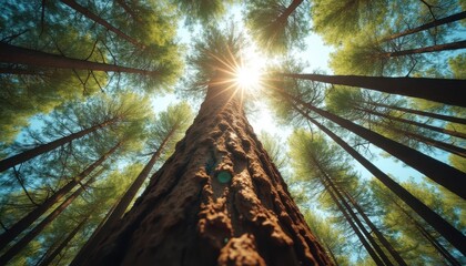 Sunlight streaming through towering trees in a dense forest canopy, bark texture, blue sky peeking through the green foliage, pers