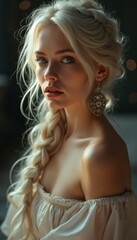 Portrait of a captivating young woman with intricate blonde braids and a decorative off-the-shoulder dress