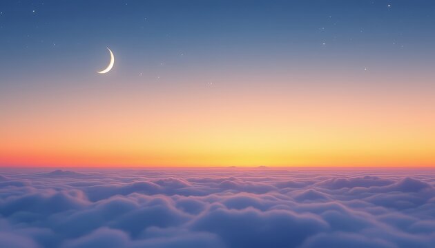 Crescent Moon and Stars Above Colorful Clouds at Sunset