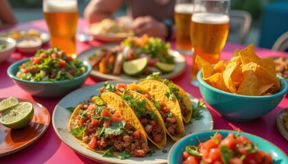Tacos and Refreshments on a Pink Table - A Vibrant Feast of Mexican Cuisine