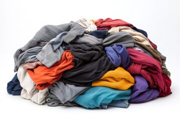 Pile of colorful clothes forming a chaotic mound on white background