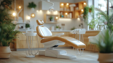 A cozy dentist background featuring wooden decor elements and warm ambient lighting