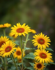Fototapeta premium Vibrant yellow wild sunflowers in full bloom, blurred background, sunny, floral background, petals