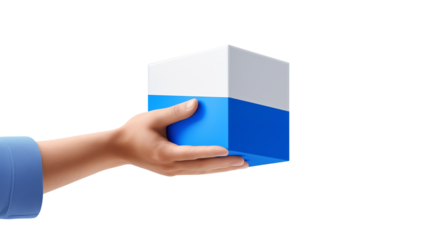Hand holding a blue and white cube