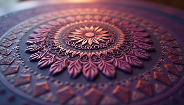 Intricate embossed mandala design with floral and geometric details on a textured purple background with warm lighting - Powered by Adobe