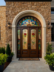 Obraz premium Elegant entrance featuring stained glass doors and stone facade.