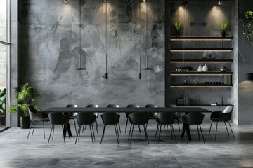 Detailed Visual  of Grey Meeting Interior with Table and Chairs, Shelf and Mockup Wall