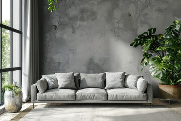Grey Relaxing Room Interior with Sofa and Decor Near Window Mockup Empty Wall