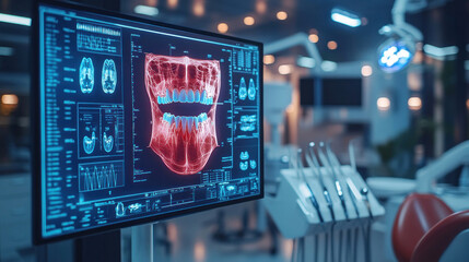A futuristic dentist tools background with holographic dental imaging screens in the background