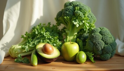 Fresh Green Vegetables and Fruits on a Wooden Table with Natural Light - Avocado, Broccoli, Apple, Celery, Zucchini, Healthy Food Still Life