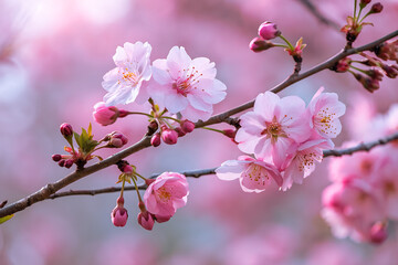 Obraz premium Blossoms of Spring: Close-up of delicate cherry blossoms in full bloom, symbolizing renewal and ephemeral beauty, capturing a vibrant scene of springtime.