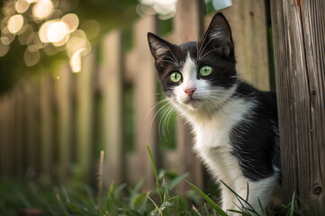 Obraz premium A curious kitten peeks out, eyes sparkling with playful energy. Its sleek, black and white coat contrasts against the textured wood of a rustic fence.