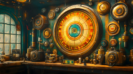 Intricate Golden Clockwork Machinery with Brass Gears in a Dimly Lit Workshop Setting Featuring Complex Mechanical Systems and Vintage Industrial Aesthetic