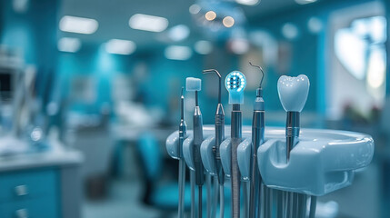 A high-resolution dentist tools background with LED-lit smart dental instruments