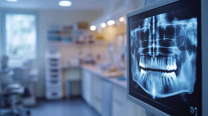 A high-tech dentist background with an illuminated X-ray display in the background