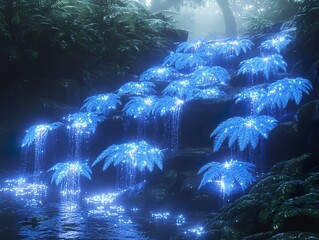 A hidden waterfall where glowing blue ferns thrive, absorbing the mist and releasing radiant droplets into the air.