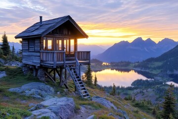 Fototapeta premium Sunrise over a mountain lake with a wooden cabin reflecting on the water