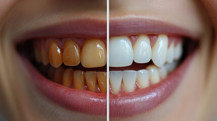 A side-by-side before and after image of a dental cleaning procedure, showing plaque removal results