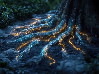 A glowing underground root system forming digital circuits, connecting plants like a natural internet of trees.