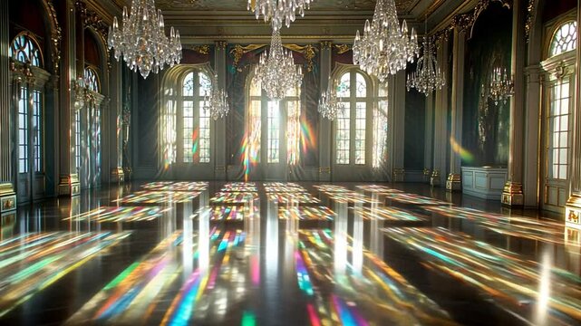 Spectacular Sunlight Reflections Inside Elegant Ballroom with Crystal Chandeliers