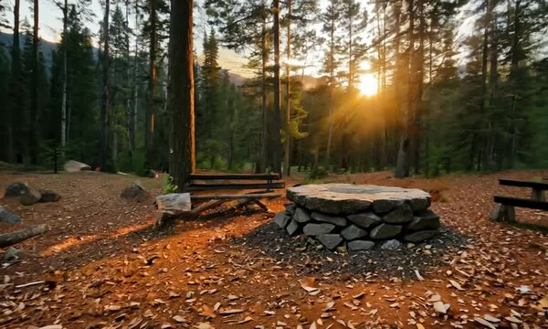 A serene campsite features a charming rustic fire pit surrounded