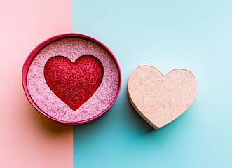 Fototapeta premium Valentine's Day background with pink gift box and red heart on pastel colored table, flat top view. Valentine concept. Greeting card template. Flat top view. Love mockup. Stock photo. 